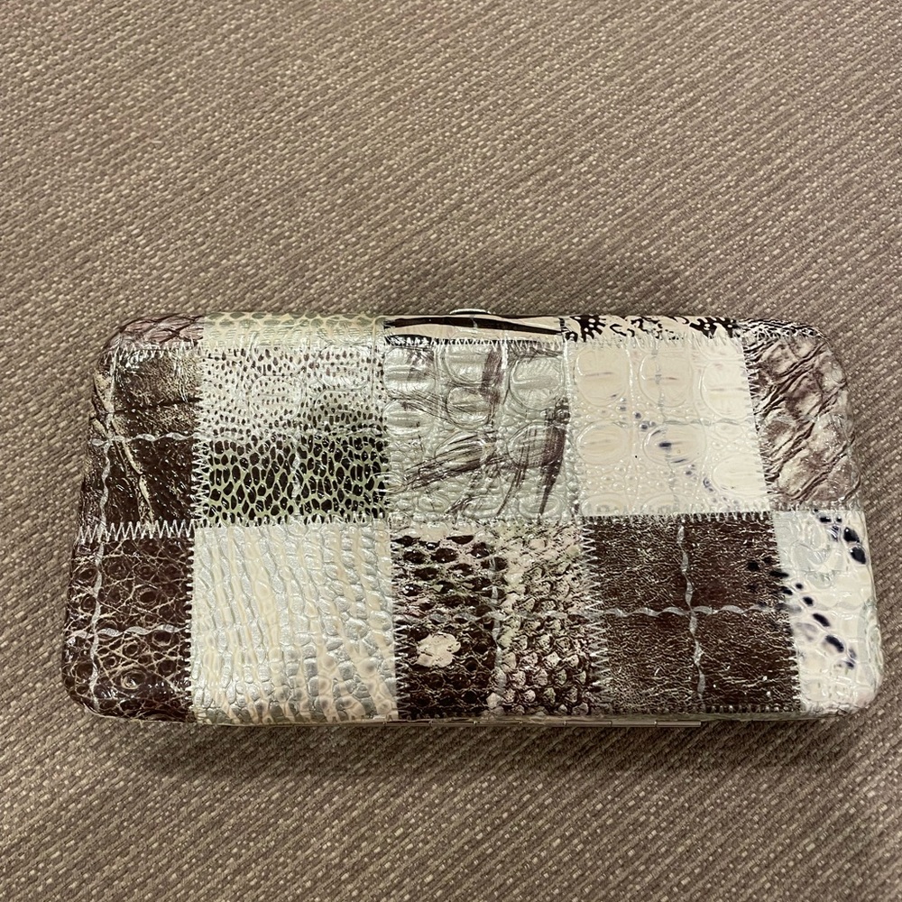 Patchwork Croc-Embossed Clutch in Cream and Brown